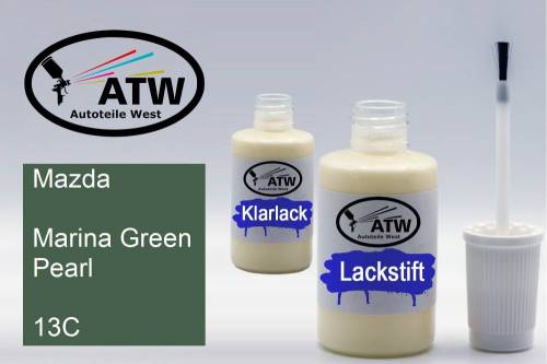 Mazda, Marina Green Pearl, 13C: 20ml Lackstift + 20ml Klarlack - Set, von ATW Autoteile West.